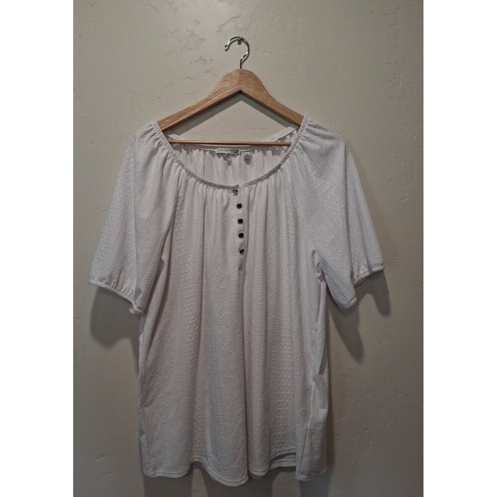 Notations Women's 2X White Eyelet Blouse Short Sleeve Geometric Embroidery Boho